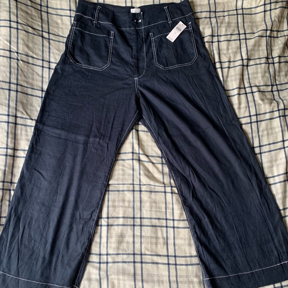 NWT Maeve Colette Wide-Leg Linen Blend Navy Pants with White Stitching